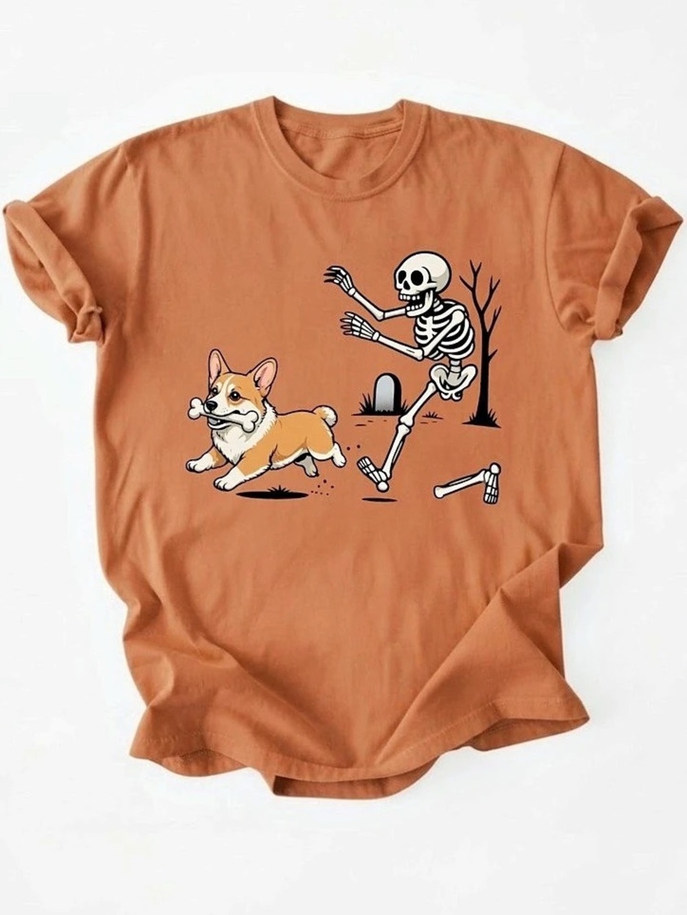 Funny Corgi Dog Chasing Skeleton Halloween Graphic Gildan T-Shirt
